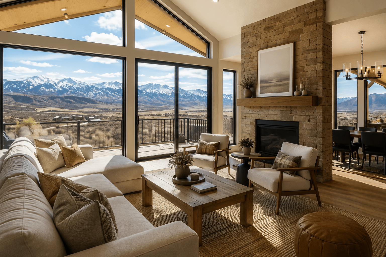 Living room with large windows looking out across the mountains of the Heber Valley