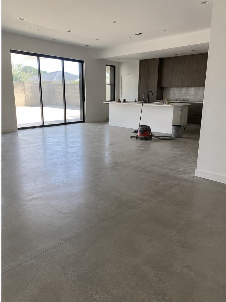 Open-concept room after a ShinySpaces post-construction cleaning, with the concrete floor fully cleared of dust and debris
