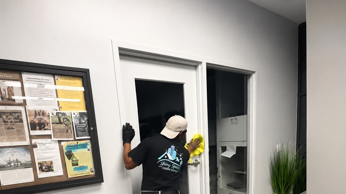 A ShinySpaces cleaner wiping down an office door during a routine recurring cleaning visit